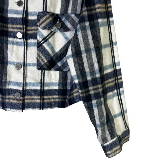 Zara Plaid Cropped Flannel Shirt Jacket Womens L White Blue Western Heritage - Picture 5 of 7